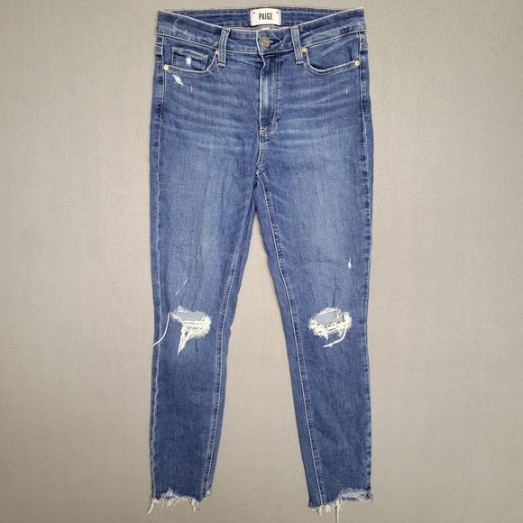 PAIGE Denim - Paige Womens Skinny Distressed Jeans‎ Medium Wash Raw Hem Size 27